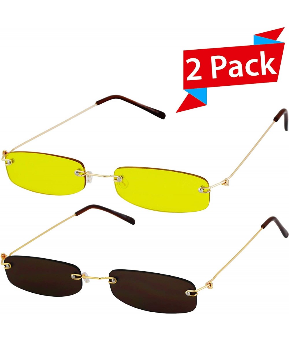 Rimless Small Slim Tiny Tinted Steampunk Rectangular Rimless Sunglasses - Yellow and Brown - CF18RL0XX2T $17.58