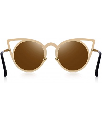 Round Cat Eye Sunglasses Round Metal Cut-Out Flash Mirror Lens Sun glasses S8064 - Brown - C412MYKZHTO $12.84