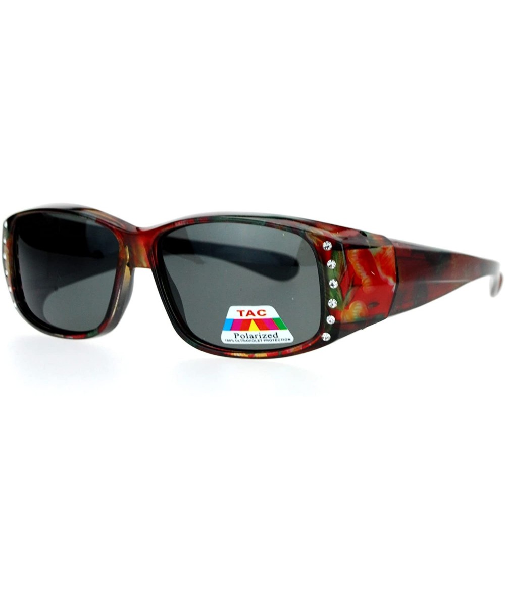Butterfly Womens Polarized Fit Over Glasses Sunglasses Rhinestones Floral Prints - Red Floral - CY188OKTH4K $15.35