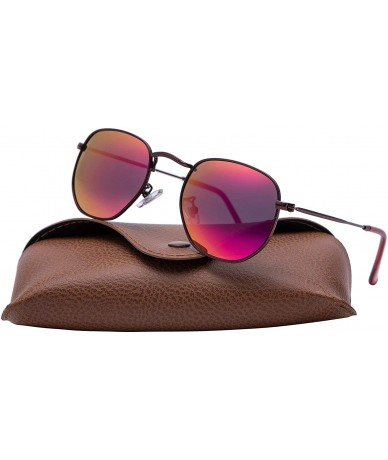 Round Medium Unisex Polygon Polarized Sunglasses - Burgundy Frame With Pink Mirror Lens - C3196HL3HS2 $6.78