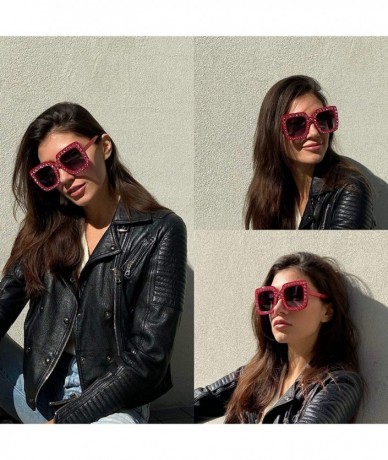 Rectangular Large Jeweled Sunglasses for Women Crystal Bling Studded Oversized Square Frame - Black+red Lenses - CV18IZOMY98 ...