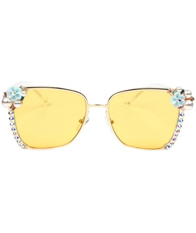 Cat Eye Sparkling Crystal Round Sunglasses UV Protection Rhinestone Sunglasses - Flower Yellow Lens - CR18ZYLYYXE $17.02