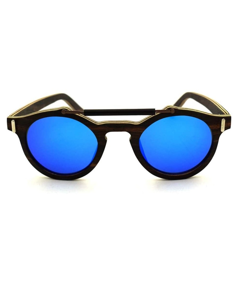 Round Women and Men's Vintage Round Wooden Polarized Sunglasses (Color Blue) - Blue - CP1997KOX4Y $44.22