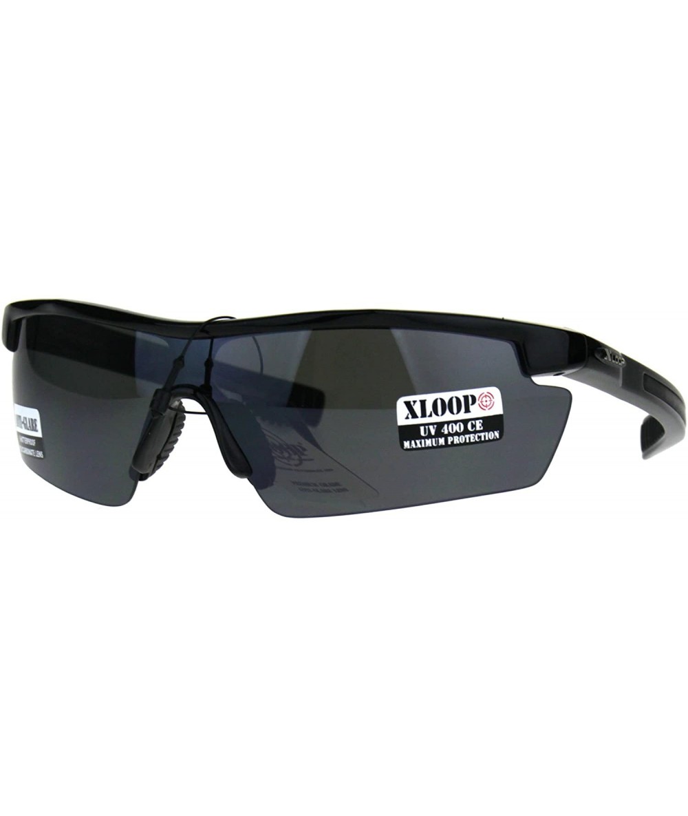 Wrap Xloop Mens Sunglasses Half Rim Wrap Around Sports Anti-Glare UV 400 - Shiny Black - CM18903Y062 $9.60
