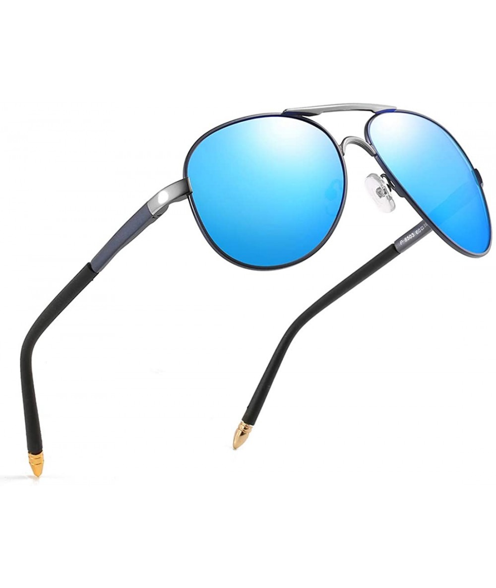 Goggle Luxury aviator Men's Polarized Driving Sunglasses shades For Men UV400 - Gun Arm Silver Bridge Blue Lens - CZ18NZHY9UT...