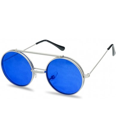 Goggle Round Circular Django Flip-Up Steampunk Inspired Metal Two in One Sunglasses - Silver Frame - Blue Lens - CK18DUAK9SM ...