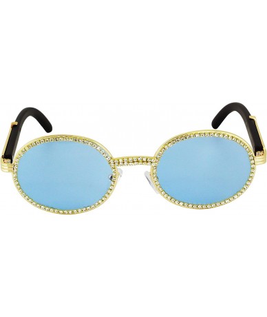 Oval Oval Retro Round Diamond Sunglasses for Men-Women Luxury Glasses Fashion Crystal Wood Eyewear Shades - Blue - C0195HMCUR...