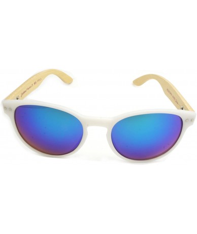 Sport NEW Real Tree Bamboo wood Temples Sunglasses - White Light Wood Temple / Blue Green Mirror Lens - C7184OT3773 $28.88