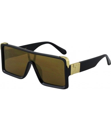 Oversized Oversized Big Thick Flat Top SHIELD Square Luxury Designer Sunglasses with Dark Gold Metal - Gold - CM19770SLAQ $16.05