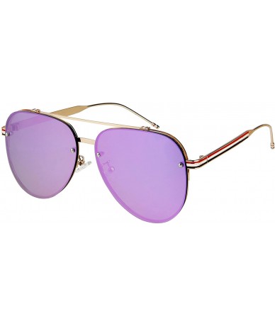 Aviator pilot Aviator striped temple Mens Womens Double BridgeSunglasses - Gold Frame With Purple Mirror Lens - CD18QYHOINE $...