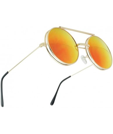 Round Round Circular Django Flip-Up Steampunk Inspired Metal Two in One Sunglasses - Gold - Fire Red Lens - CQ189U4MI5T $10.78