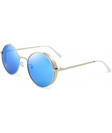 Round Steampunk Retro Polarized Sunglasses for Women Men Vintage Classic Designer Sun Glasses - Silver Frame Blue Lens - CN18...