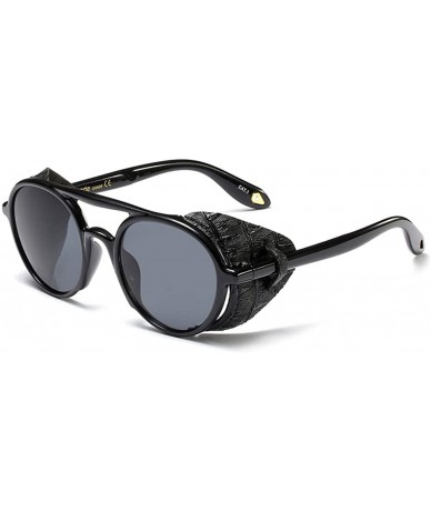 Round Men Sunglasses with Side Shields Leather Round Sun Glasses for Women Retro UV400 - Full Black - CC18Q28HDCL $24.89