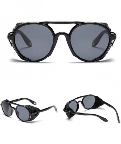 Round Men Sunglasses with Side Shields Leather Round Sun Glasses for Women Retro UV400 - Full Black - CC18Q28HDCL $10.15