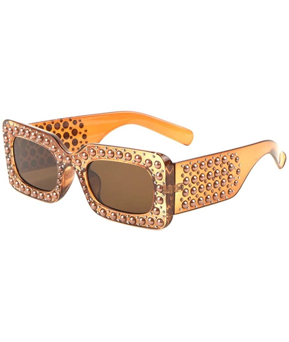 Rectangular Pearl Shape Rhinestone Oversized Rectangular Sunglasses - Brown Crystal - CG18EHL4OTY $15.73