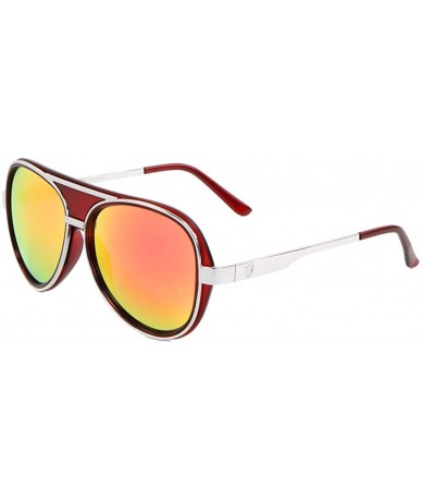 Round Color Mirror Double Thick Plastic Metal Rim Round Aviator Sunglasses - Red Silver - C9190NAOCI8 $14.81