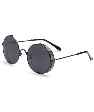 Rectangular Round Lens Sunglasses Metal Frame With Hollow Side Barrier Available - Black/Black - C11219BCKVR $19.63