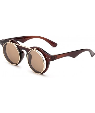 Round Classic Small Retro Steampunk Circle Flip Up Glasses/Sunglasses Cool Retro New Model - Brown - CI11M0MQPLV $7.36