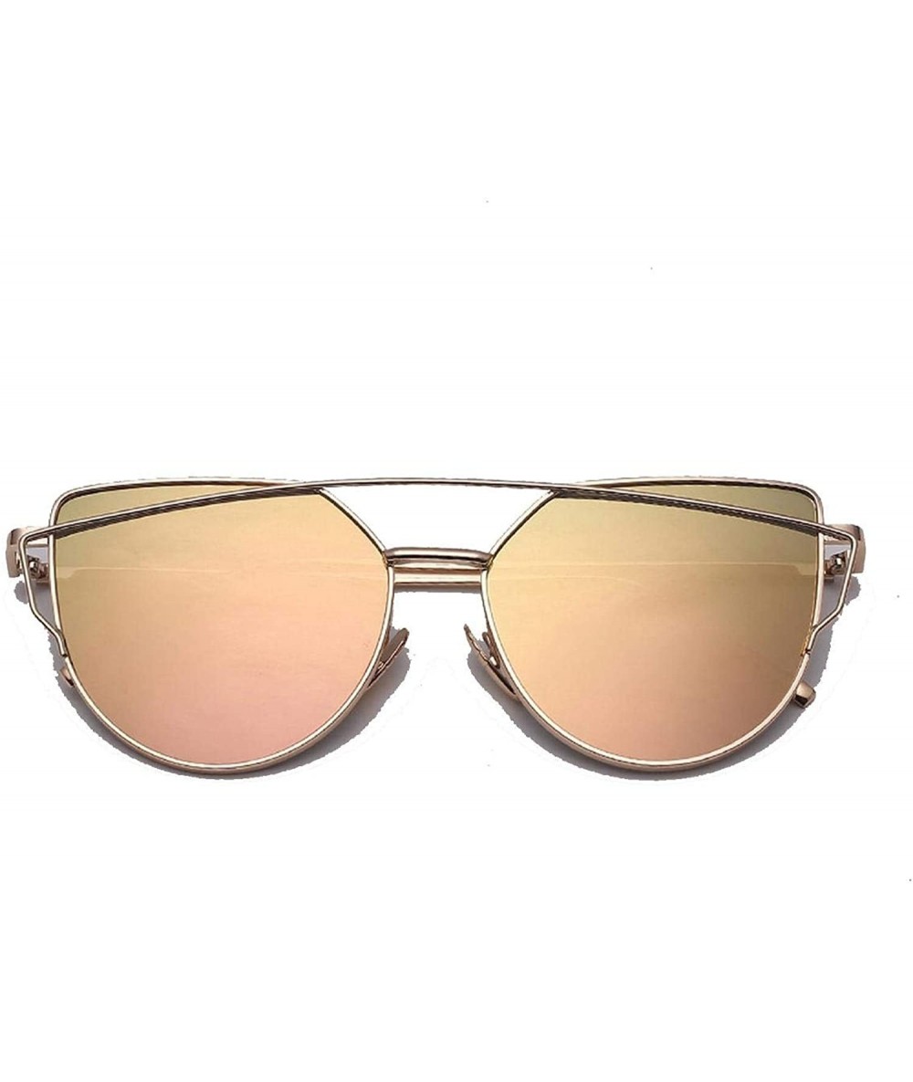 Aviator Designer Cat Eye Sunglasses Women Vintage Metal Reflective Glasses Mirror Retro - Glod Pink2 - CQ198ZYZO29 $28.04