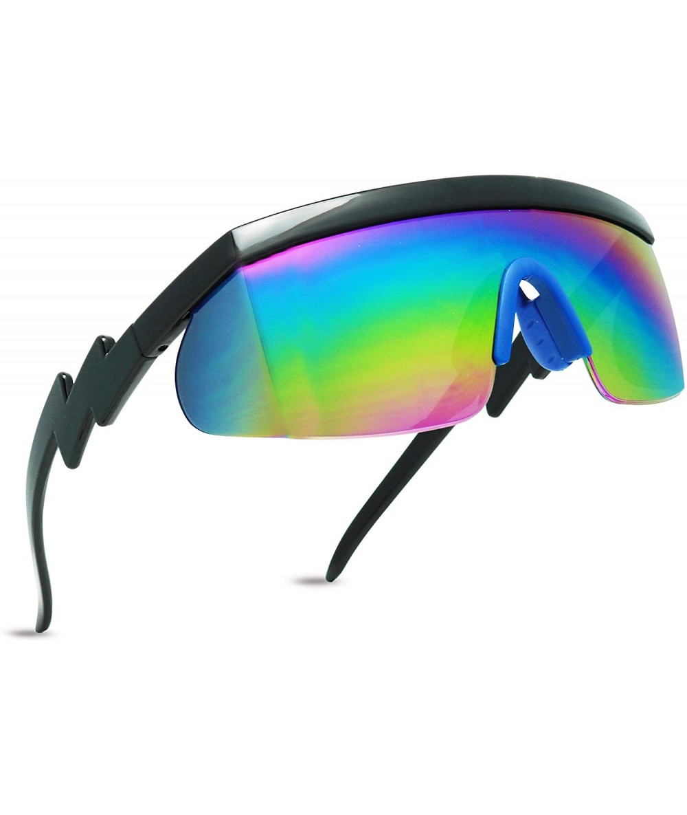 Semi-rimless Semi Rimless Neon Rainbow Mirrored Lens Sports Performance Sunglasses Black Half Frame ZigZag Arms Blue Nose Pad...
