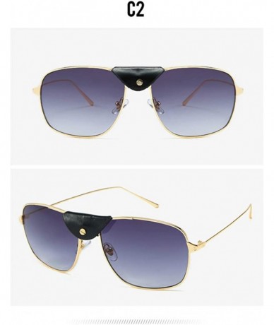Square Trendy Wild Leather Sunglasses Retro Men's Driving Sunglasses - Gold Grey C2 - CY1905Q2YAS $16.32