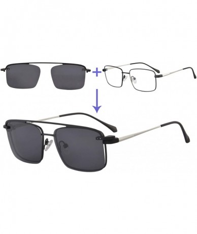 Rectangular 2 in 1 Eyewears- Blue Light Blocking Flat Glasses with Polarized UV-400 Sunglasses Clip-on-UOO3046 - Black - C718...