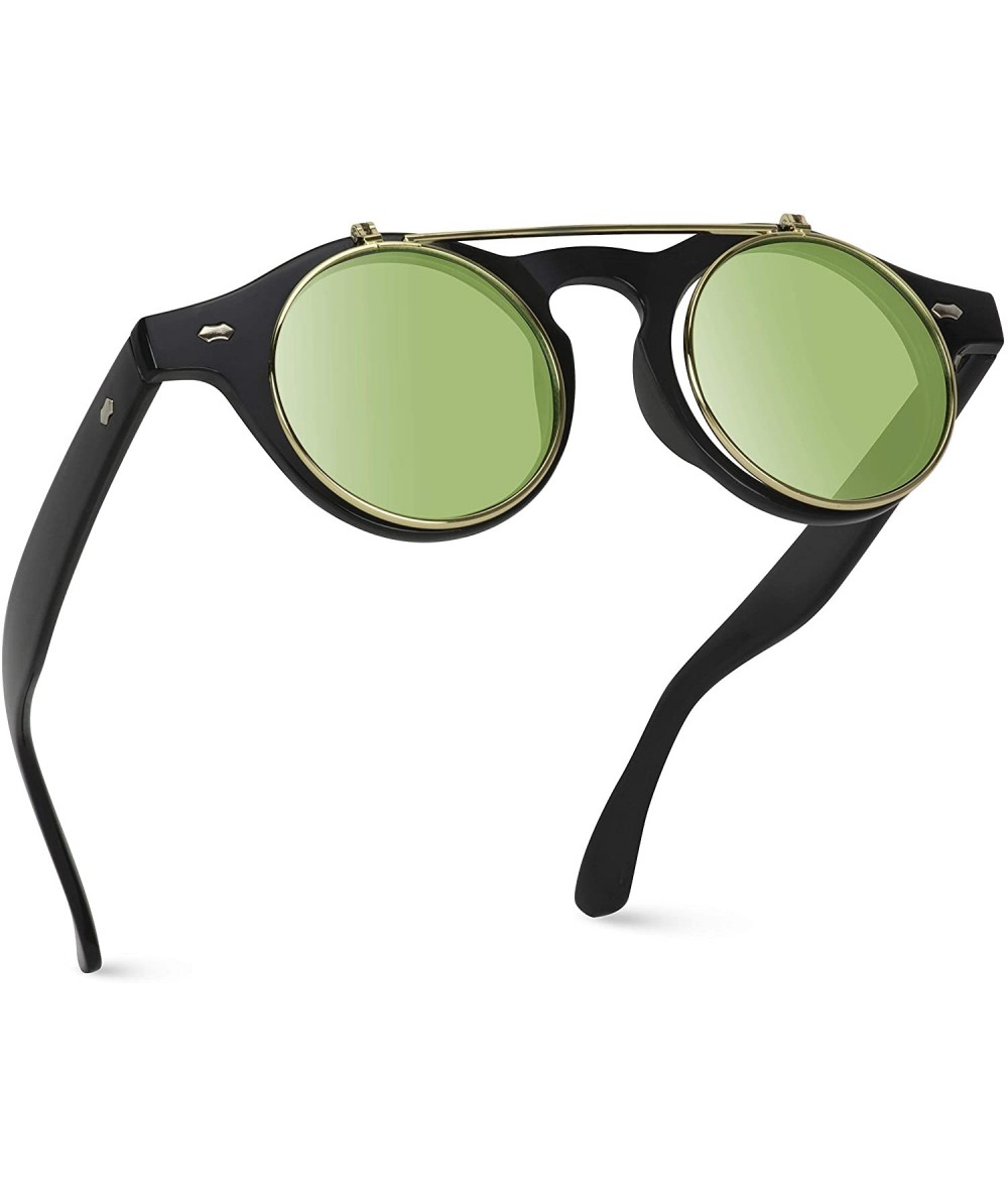 Round Flip up Cyber Steampunk Round Circle Retro Sunglasses - Black Frame / Green Tinted Lens - C112465675N $15.26