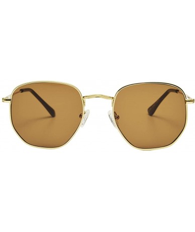 Shield Small Hexagon Flat Lens Sunglasses for Women Men Vintage Hipster Style Polygon Aviator Sun Glasses - Gold/Brown - CF19...