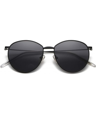 Oversized Round Polarized Sunglasses for Women Men Metal Frame 100% UV Protection - Black Frame/Grey Lens - C518SSNXSNN $21.80