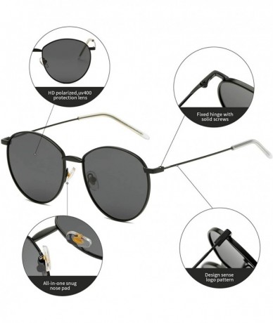 Oversized Round Polarized Sunglasses for Women Men Metal Frame 100% UV Protection - Black Frame/Grey Lens - C518SSNXSNN $21.80