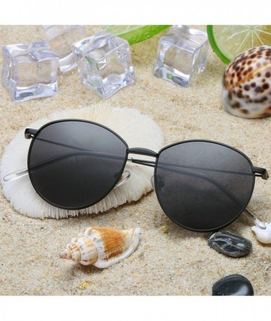 Oversized Round Polarized Sunglasses for Women Men Metal Frame 100% UV Protection - Black Frame/Grey Lens - C518SSNXSNN $21.80
