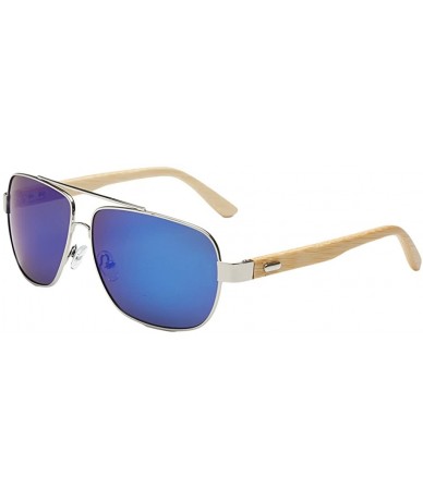 Oversized Wooden Bamboo Aviator Sunglasses Temples Classic Retro Metal Frame 62mm - Silver/Blue - C312JRYX7VZ $42.09