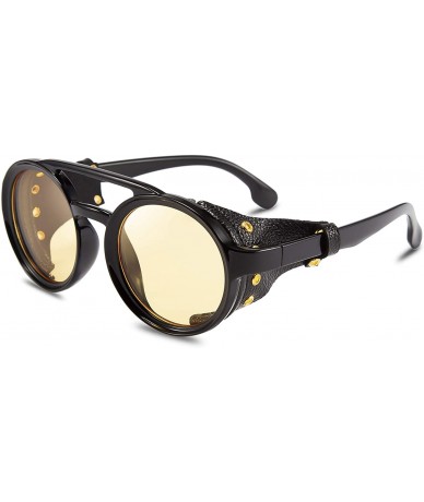 Round Retro Round Steampunk Sunglasses Women Men Vintage Eyewear Light Plastic Frame with Leatherwear B2532 - Yellow - CK18AO...