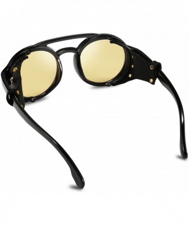Round Retro Round Steampunk Sunglasses Women Men Vintage Eyewear Light Plastic Frame with Leatherwear B2532 - Yellow - CK18AO...