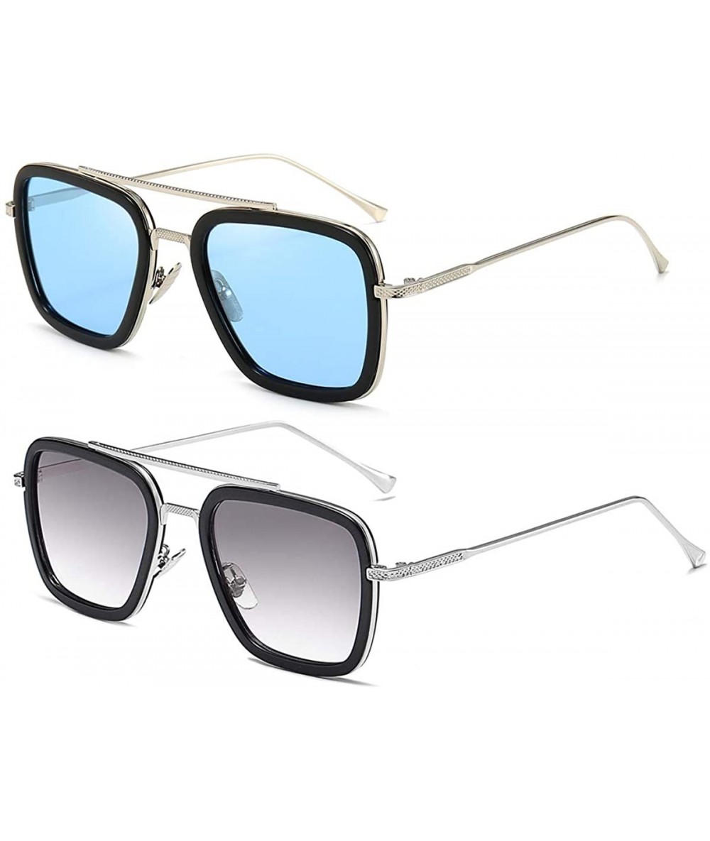 Wrap Vintage Aviator Square Sunglasses for Men Women Gold Frame Retro Brand Designer Classic Tony Stark Sunglasses - CB18YNHD...