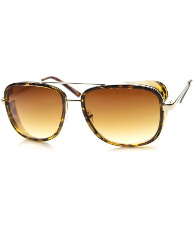 Square Classic Side Shield Double Bridged Flat Lens Metal Aviator Sunglasses 55mm - Tortoise-gold / Amber - CQ126OMTJAP $10.43