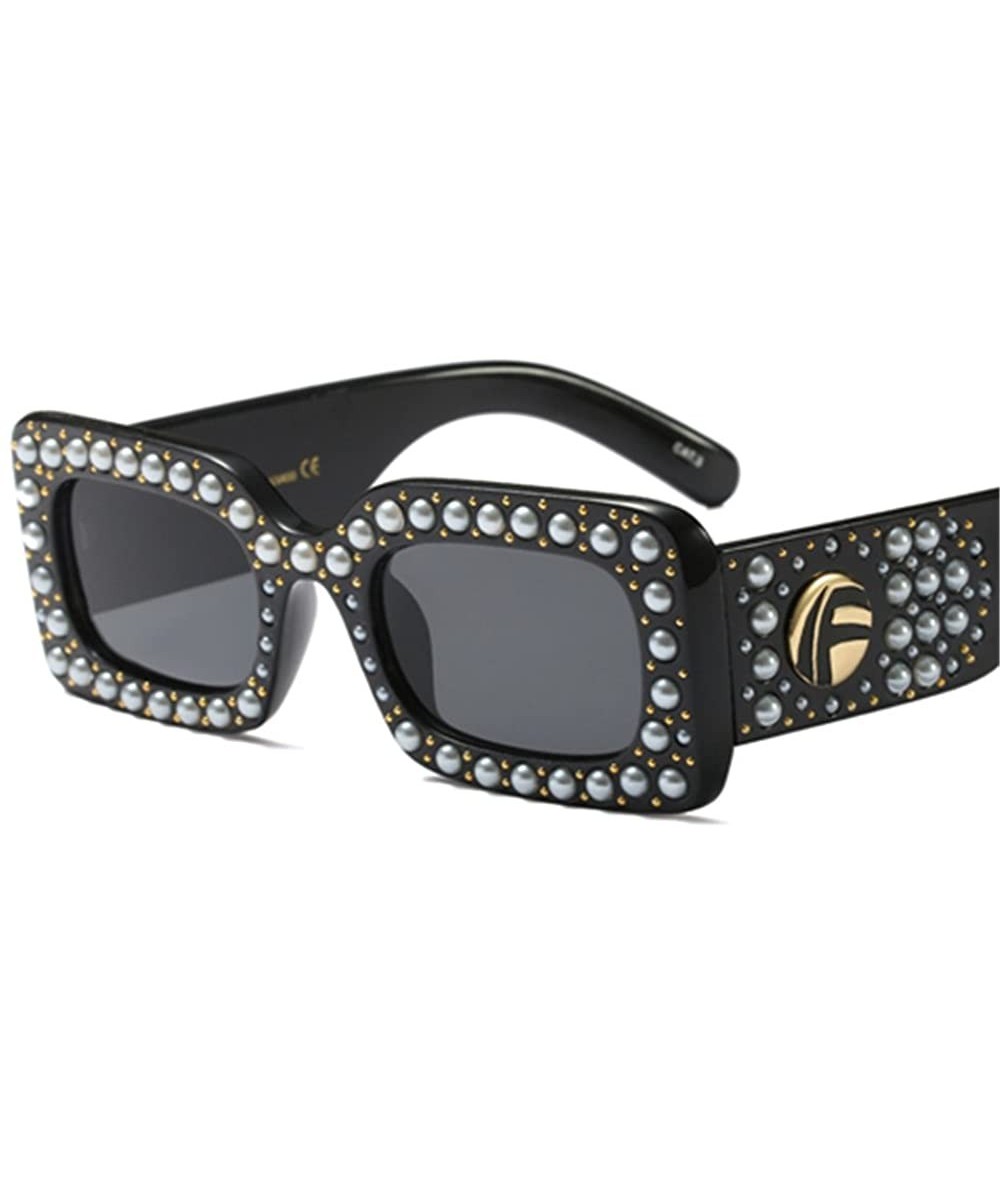 Goggle Designer Venetian Pearl Decoration Women Men Square Oversized Sunglasses - Gloss Black - CJ189U8YD2K $17.66