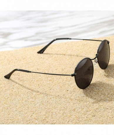 Oval Small Round Metal Polarized Sunglasses for Women Retro Designer Style - Black Frame/Black Lens - CO18UR9DL5X $10.66