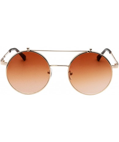 Goggle Flip up Steampunk Round Circle Retro Sunglasses - Gold-amber - CP18Q3KHKRM $9.38