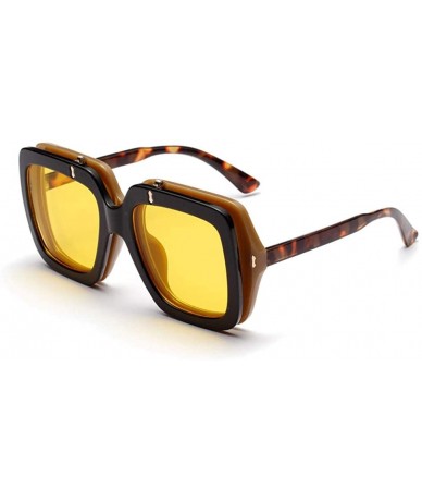 Oversized Square Sunglasses Men Vintage Fashion Flip Up Sun Glasses For Women Summer Beach - Leopard With Yellow - CC18I2S8AH...