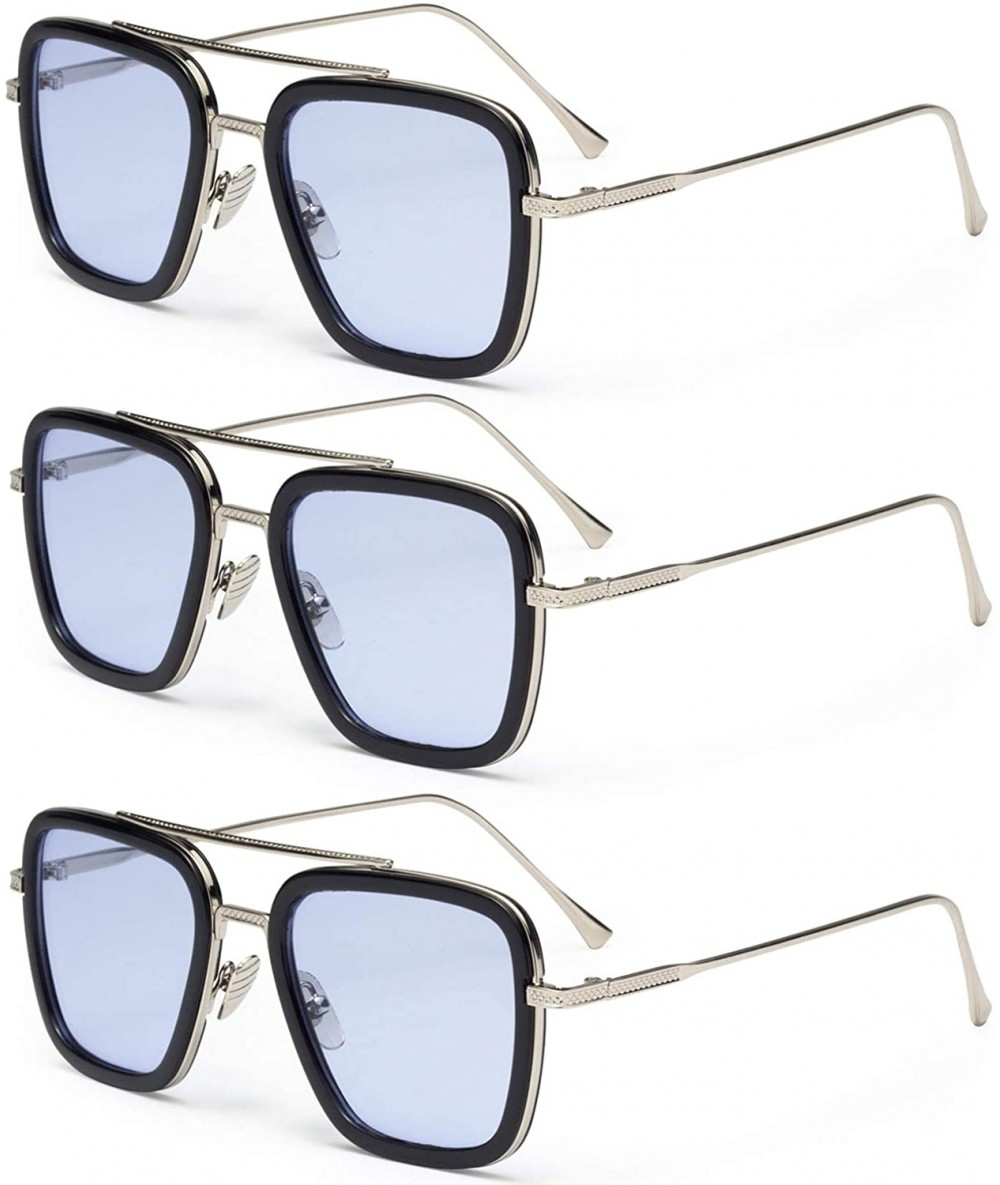 Oversized Shipping Square Sunglasses Aviator Downey - Silver Frame Blue Lens - C1199CH0HY0 $22.39