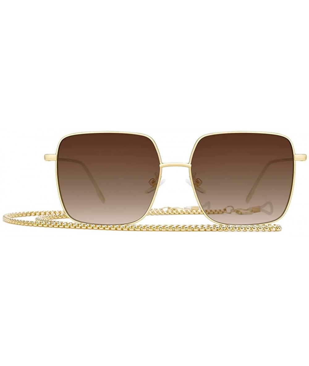 Square Fashion Oversized Square Shade Sunglasses for Women with Eyeglass Chain Flat Mirror Lenses - CY193Y7Y8L6 $20.65