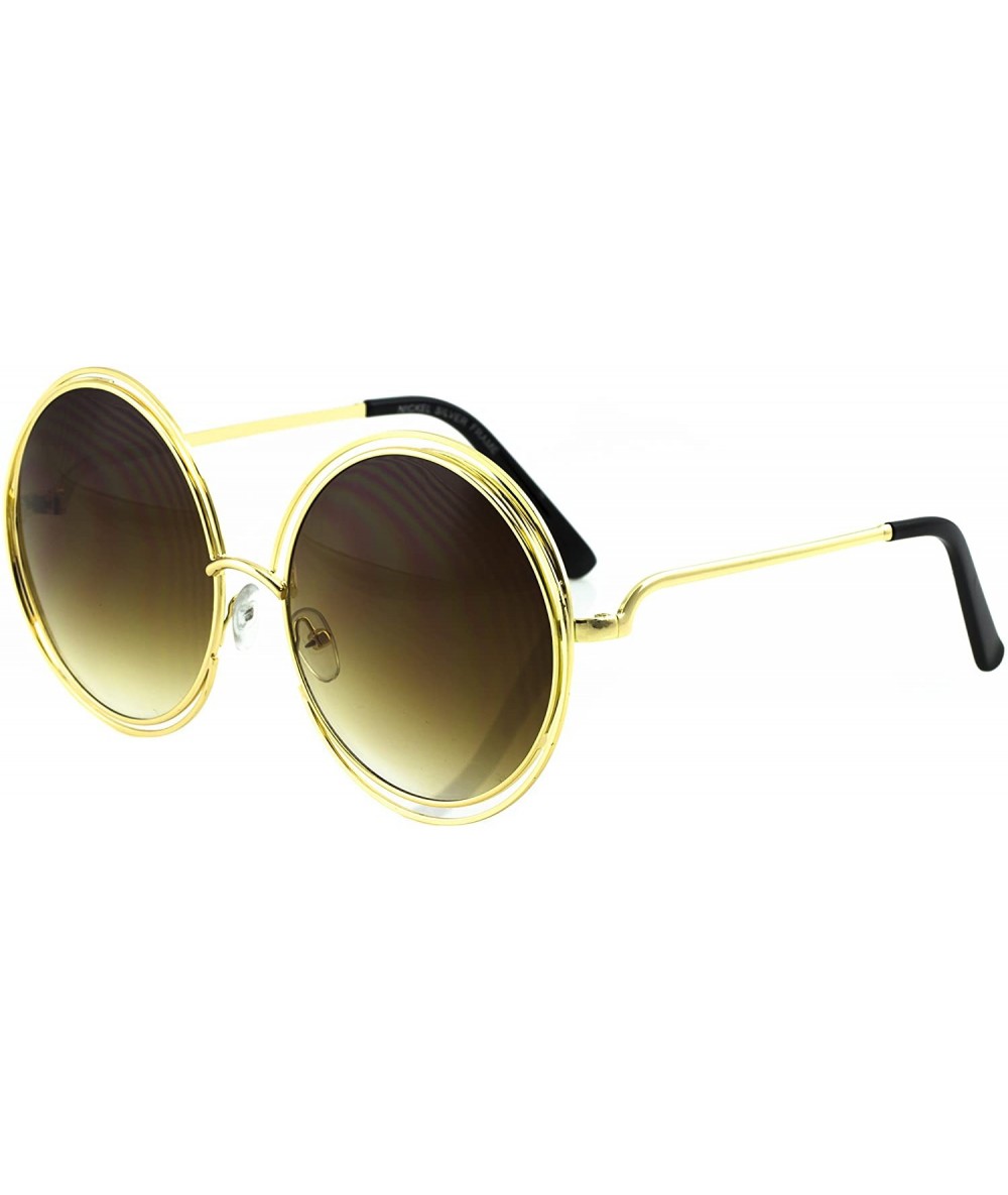 Oversized Carlin Oversize Big XL Double Wire Round Gold Brown Sunglasses - CS12L1HYYY5 $12.14