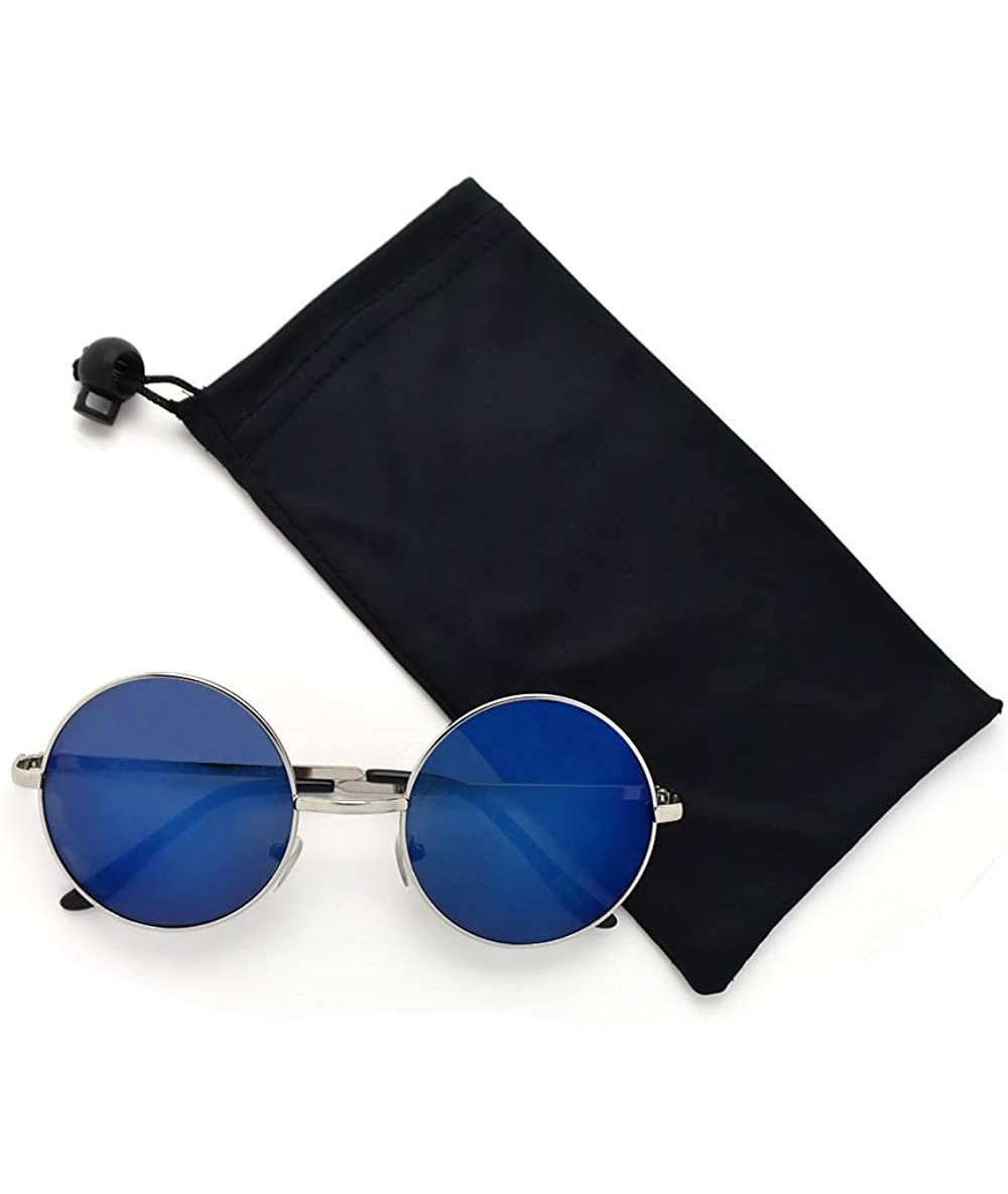 Round John Lennon 60's Vintage Round Hippie Sunglasses P2012 - Silver Blue Mirror - CF18Q72CTLO $12.47