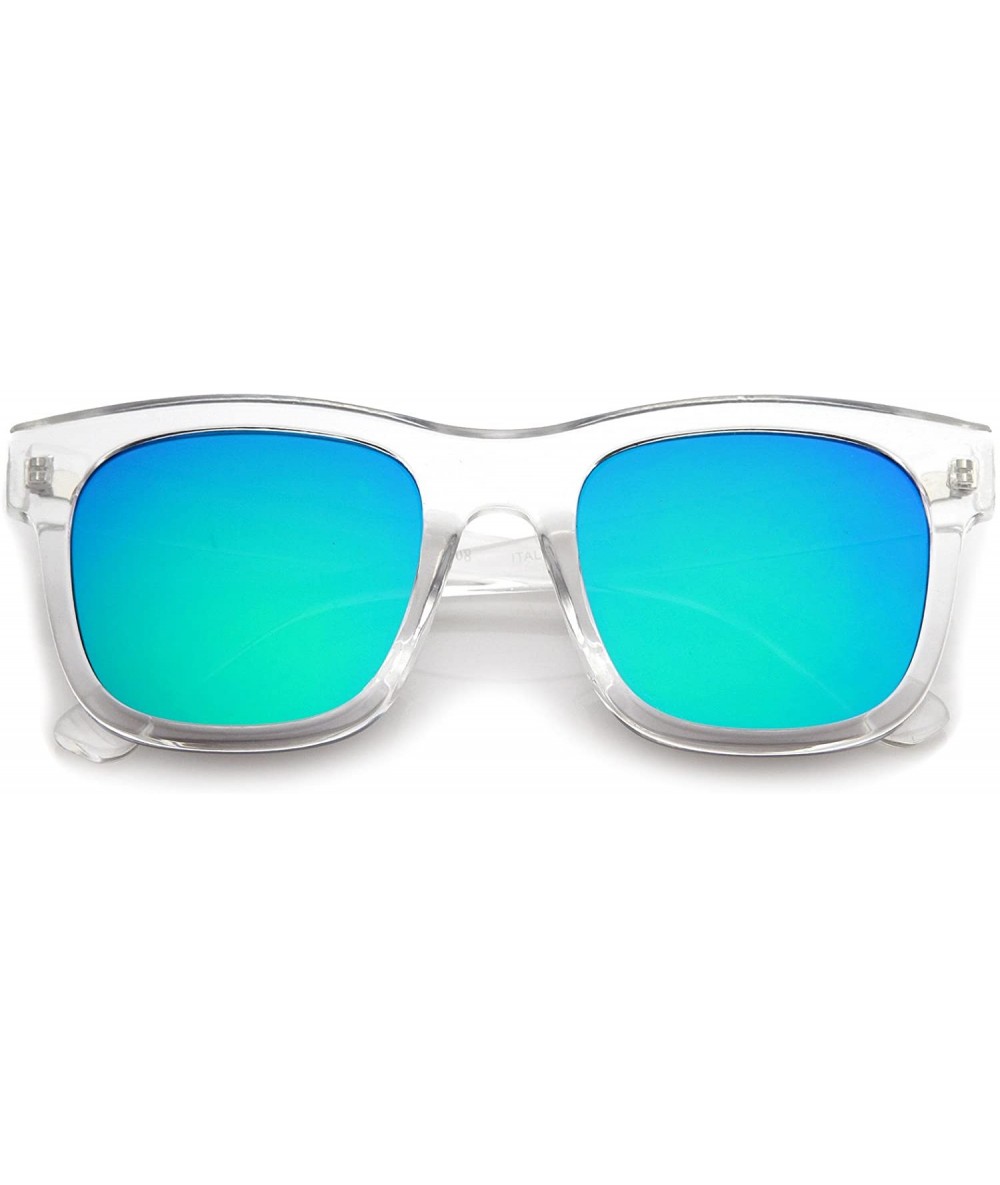 Square Retro Wide Temple Square Colored Mirror Flat Lens Horn Rimmed Sunglasses 57mm - Clear / Green Mirror - CR12NSSJATN $11.28