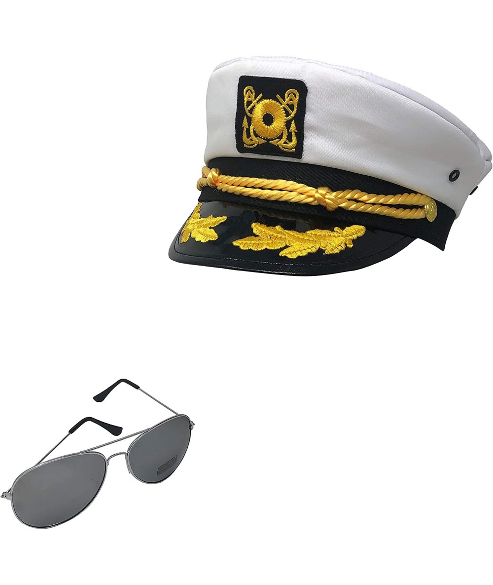 Aviator Authentic White Yacht Skipper Sailor Captain's Hat with Silver Aviator Sunglasses 2 Pack - CT195OTAMN7 $17.60