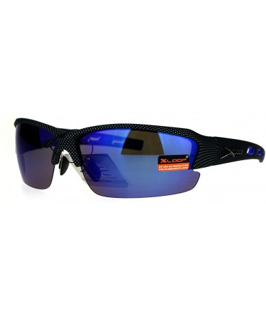 Wrap Xloop Mens Sports Sunglasses Half Rim Wrap Matted Black Silver Print UV 400 - Blue (Blue Mirror) - CP186CN3KAA $23.68