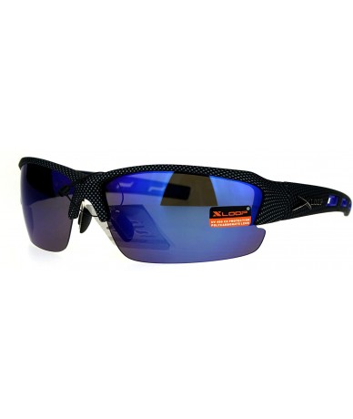 Wrap Xloop Mens Sports Sunglasses Half Rim Wrap Matted Black Silver Print UV 400 - Blue (Blue Mirror) - CP186CN3KAA $11.43