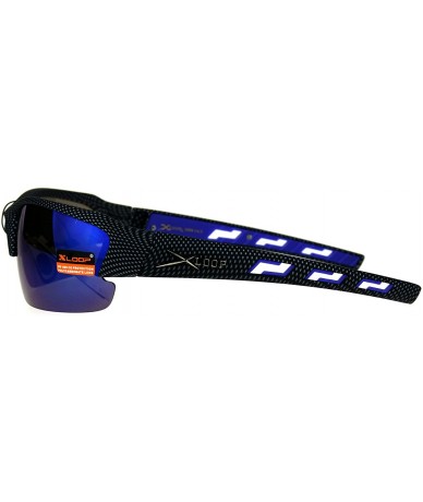 Wrap Xloop Mens Sports Sunglasses Half Rim Wrap Matted Black Silver Print UV 400 - Blue (Blue Mirror) - CP186CN3KAA $11.43