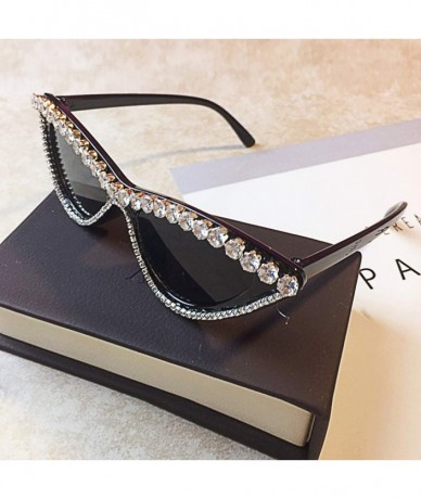 Aviator Vintage Cat Eye Diamond Crystal Sunglasses for Women Oversized Plastic Frame - Black - CL18UIX7RX8 $15.60